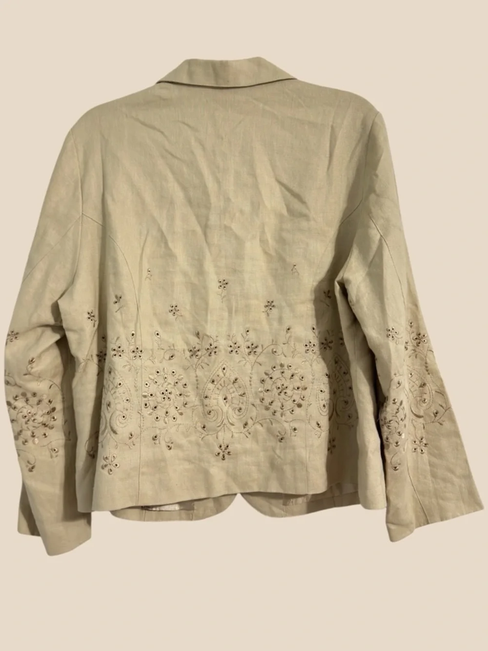 Carole Little Linen Embroidered Blazer Jacket Tan Button Front Floral Eyelet 16W